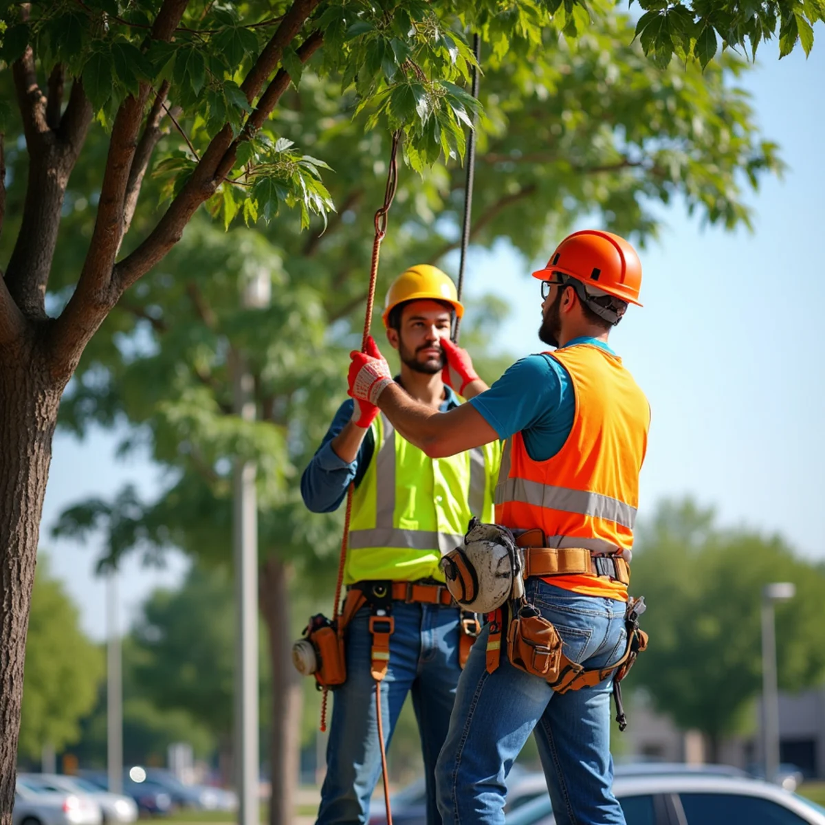 Tree branches pruned for 14-foot overhead clearance in commercial parking lot