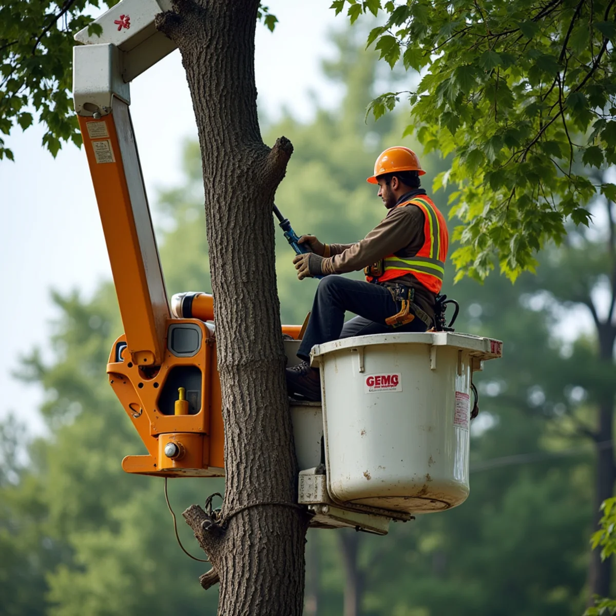 Crane removing brittle dead ash tree without climber ascending dangerous trunk