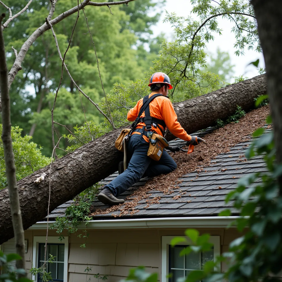 Fallen tree limb resting on garage roof showing covered structural insurance impact