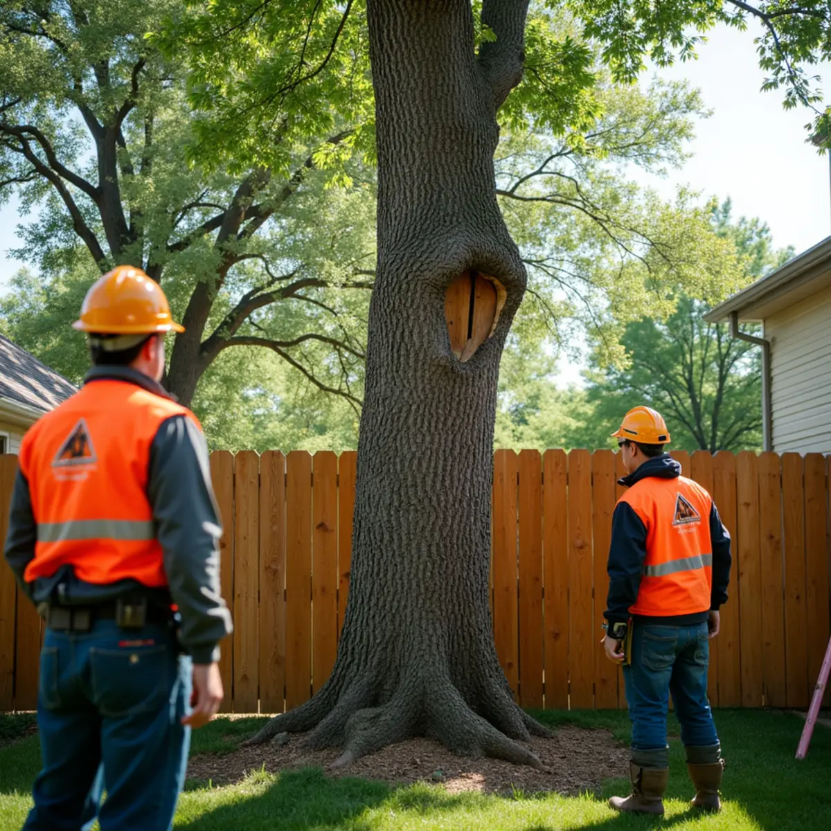 Neighbor tree fallen across shared boundary fence into residential yard