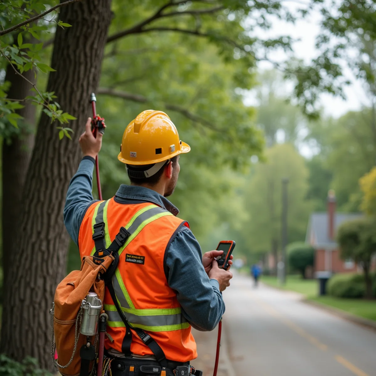 Arborist auditing tree risk and dead limbs along HOA walking trail in Kansas City