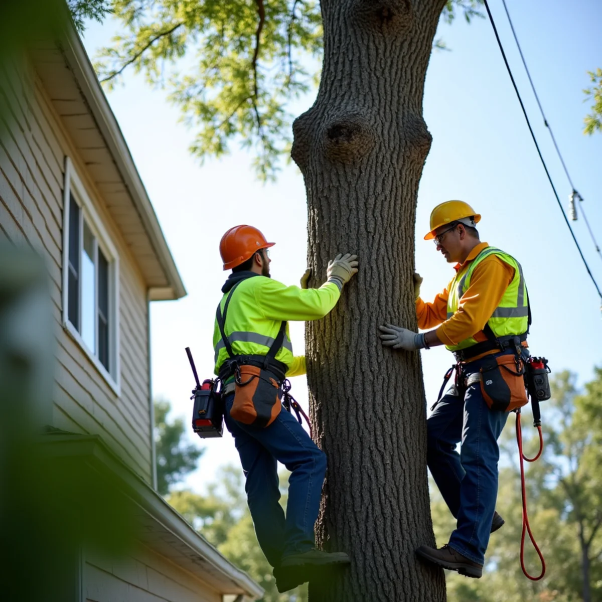 Hazardous leaning tree close to powerlines and house roof in Kansas City