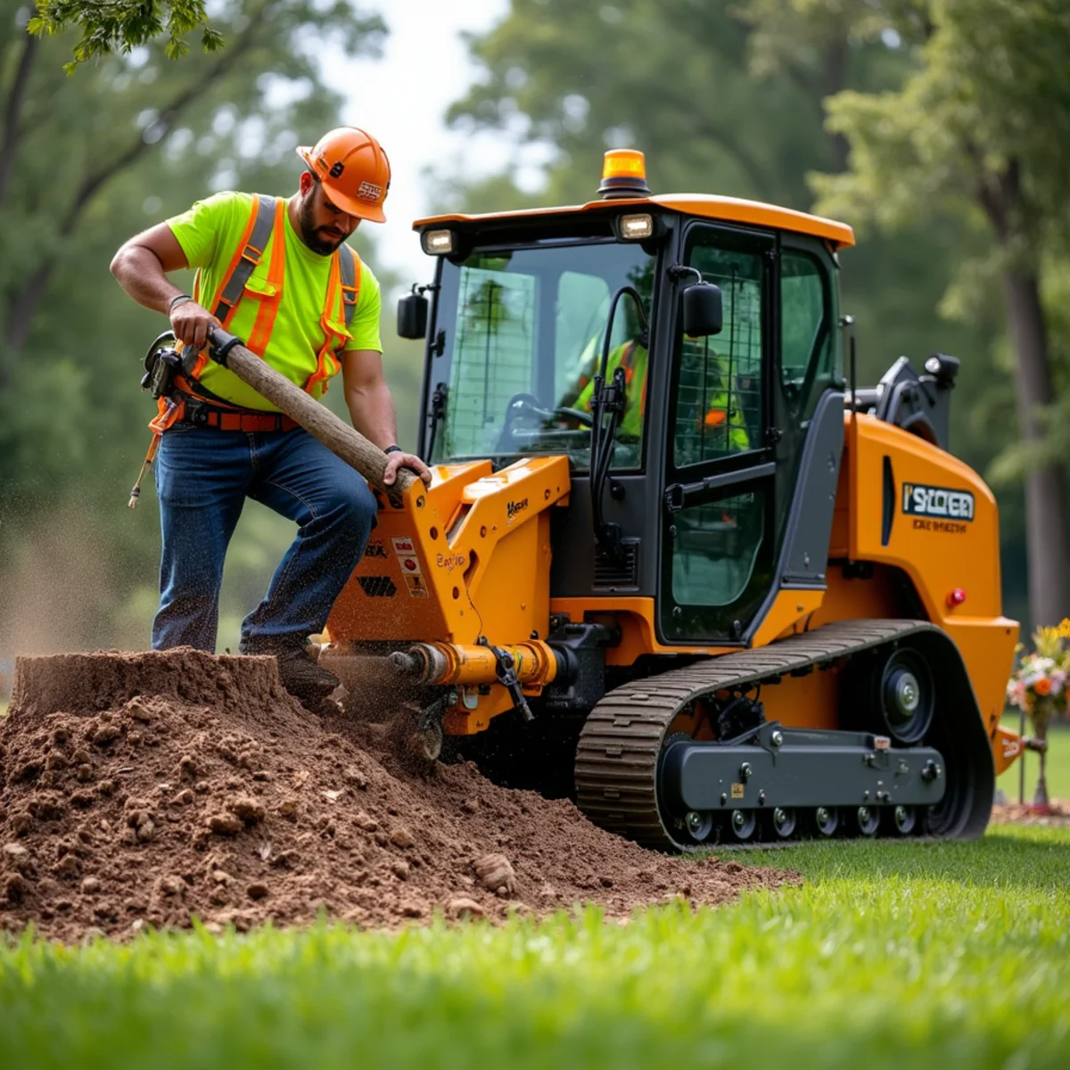 Commercial stump grinder removing tree stump below lawn grade in Kansas City
