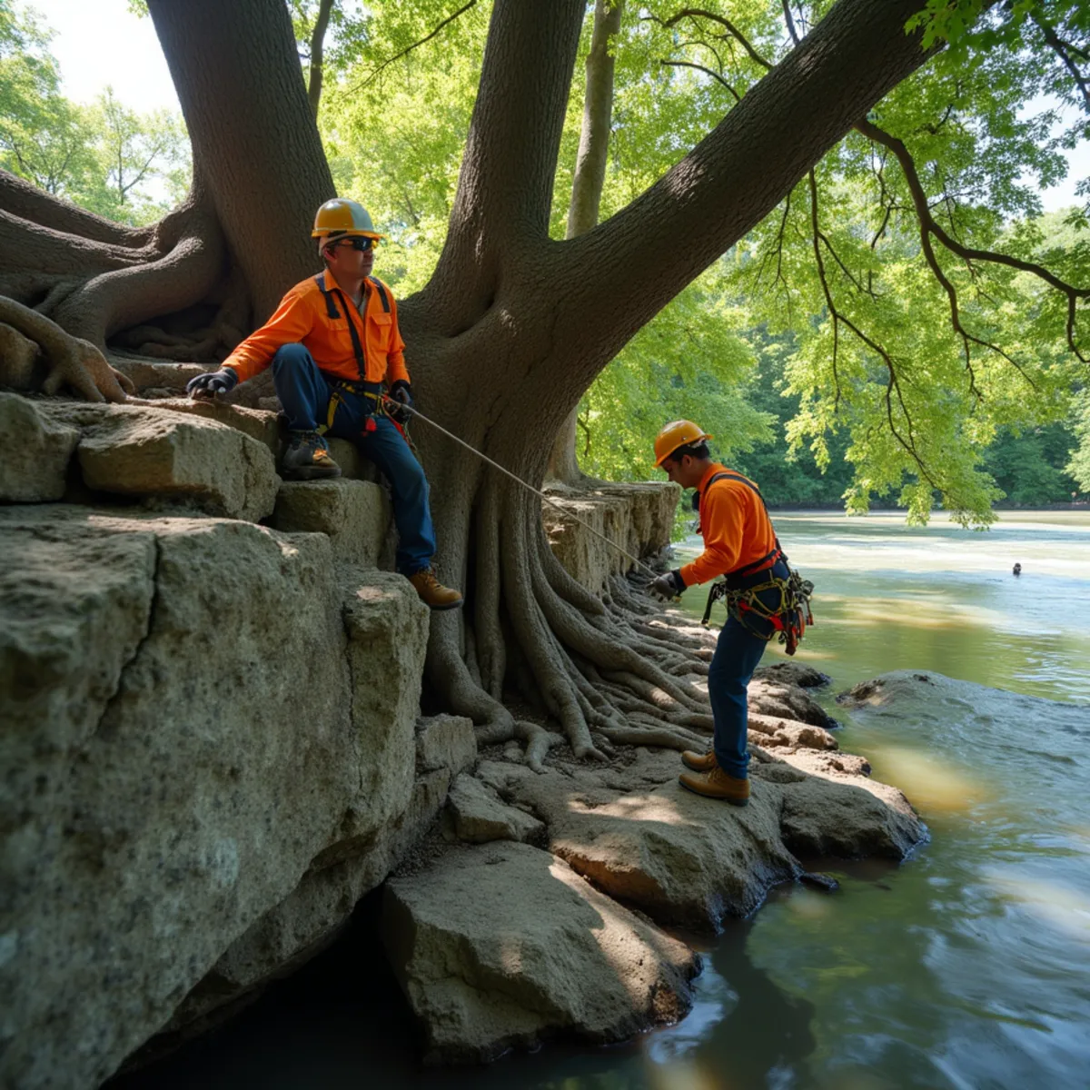 Mature oak tree root system anchoring into Missouri River limestone cliff