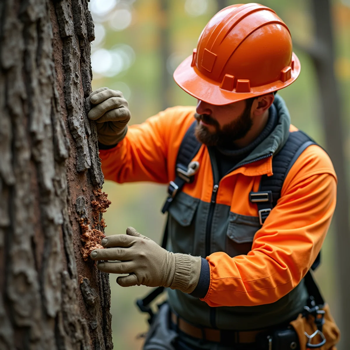Arborist inspecting trunk conks and wood decay fungus before winter season