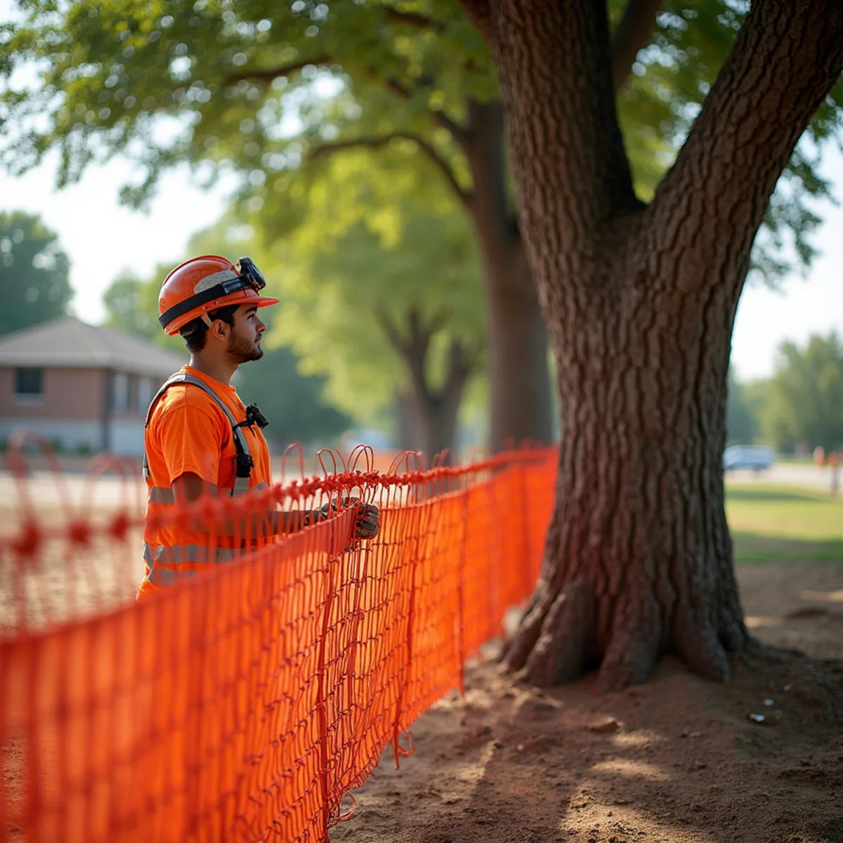 Protective orange fencing safeguarding mature oak root zone on building lot