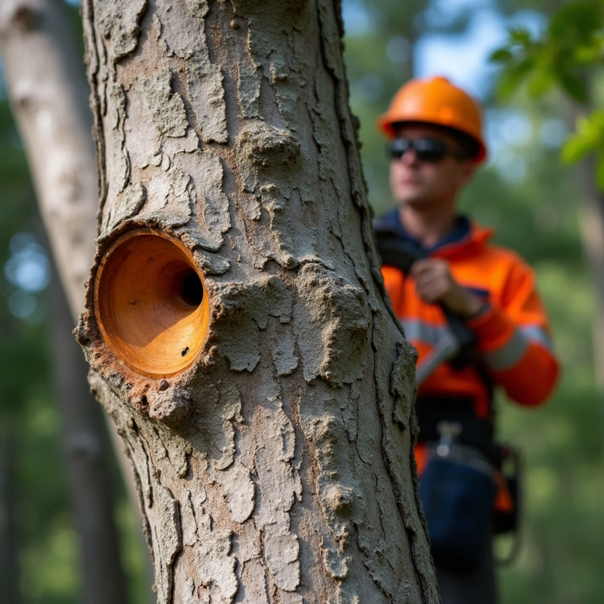 D-shaped emerald ash borer exit holes and woodpecker bark blonding on ash tree