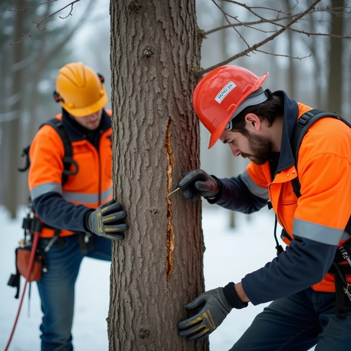 Frost crack bark fissure on south face of tree trunk after Missouri winter freeze