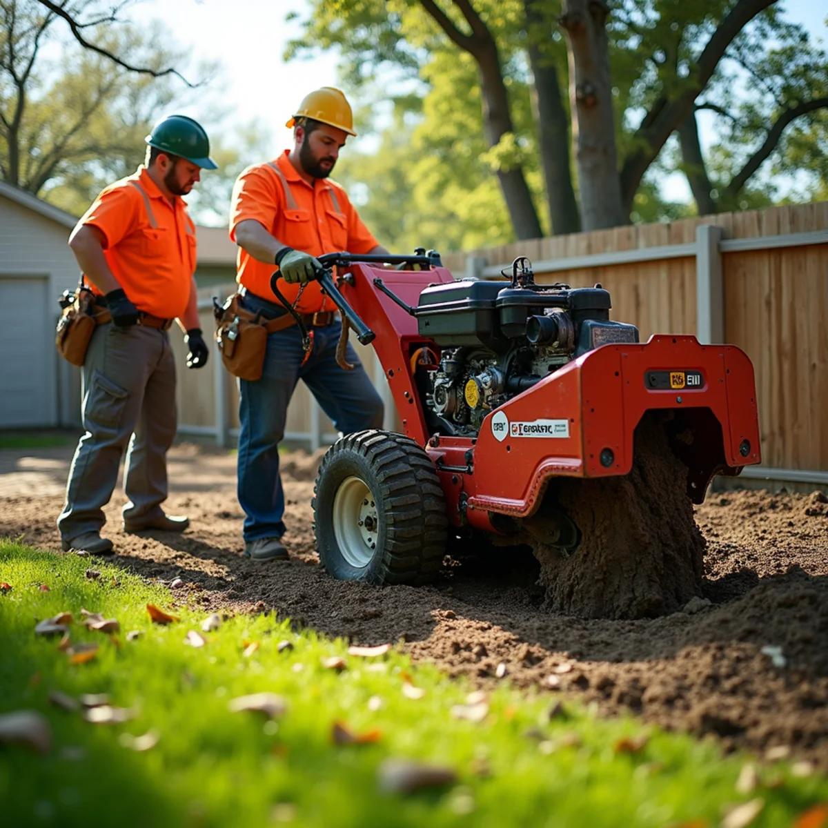 Stump grinding teeth pulverizing underground lateral roots in Kansas City