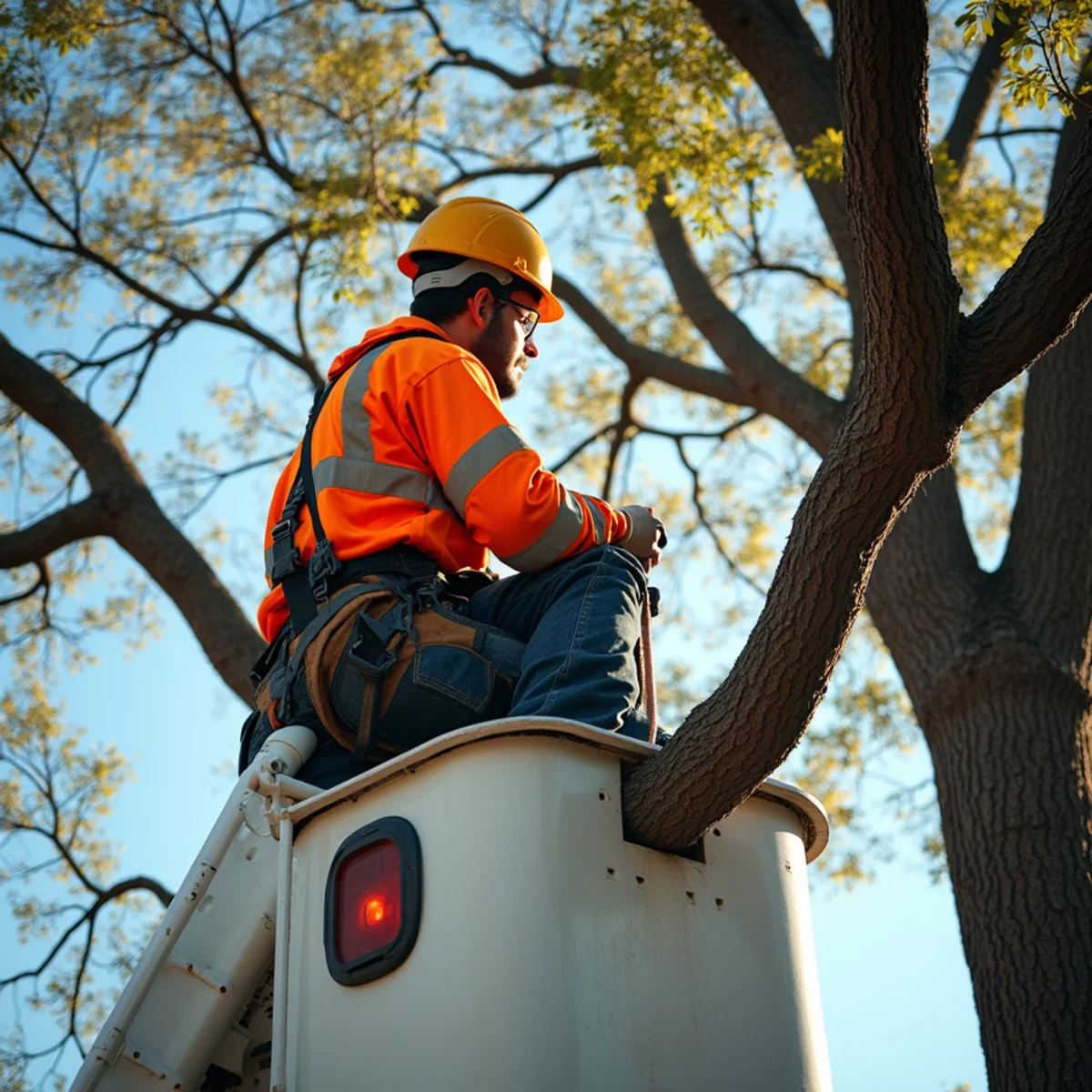 Preventive tree pruning reducing end weight on branches before winter ice storm