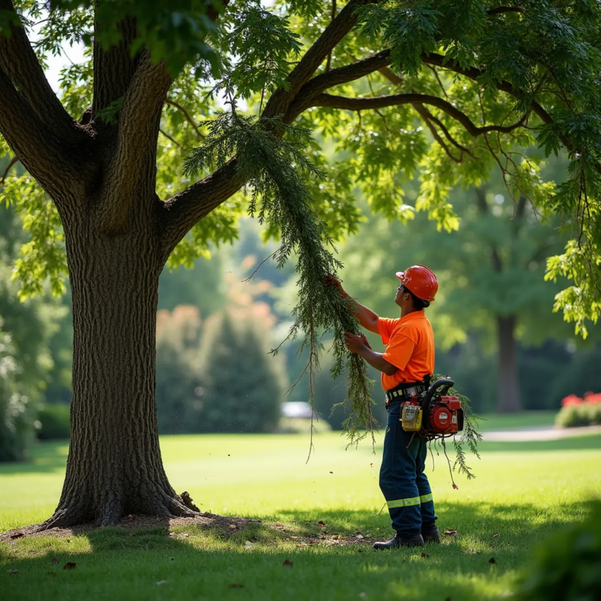 Sudden branch drop on pin oak bough during hot calm summer day in Kansas City