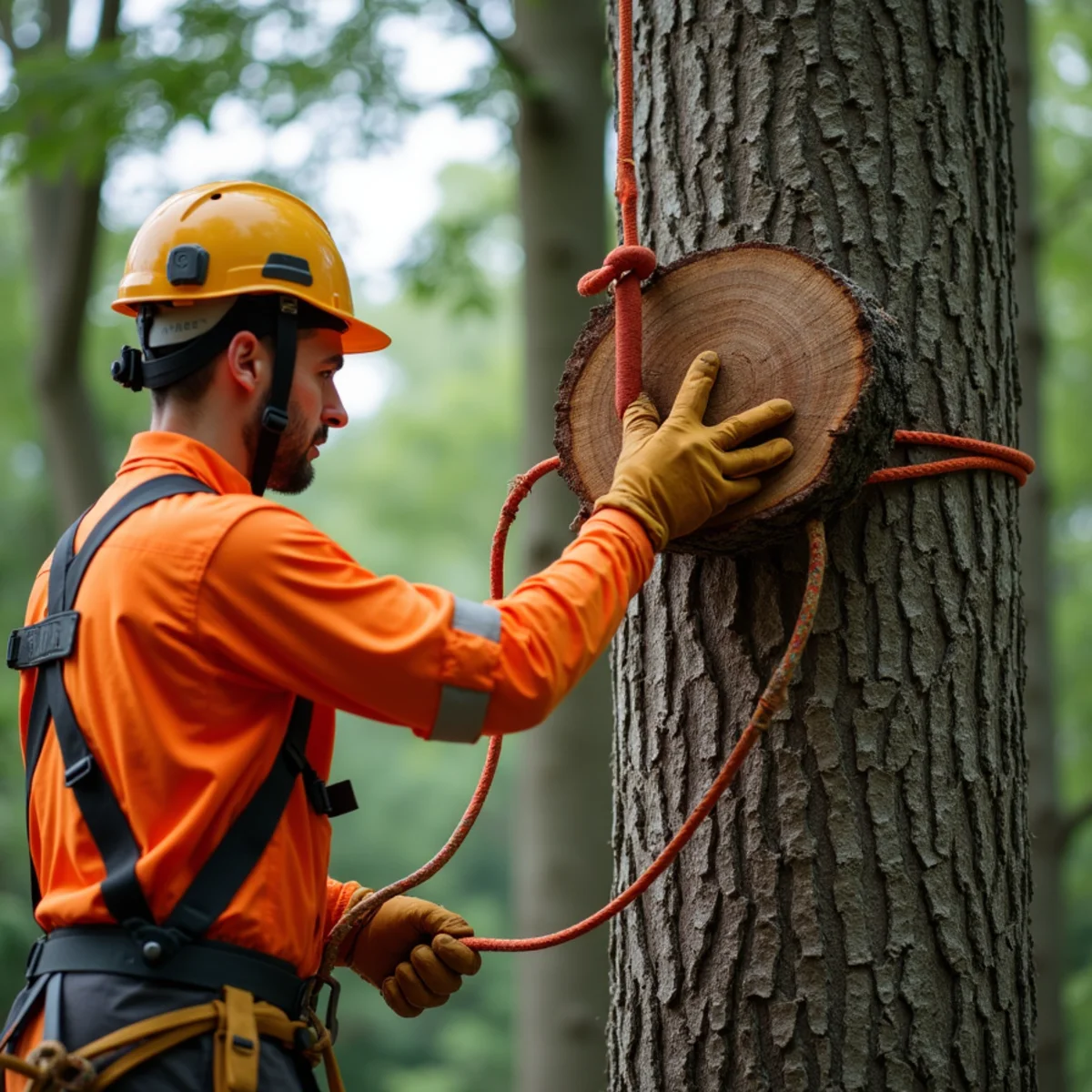 Arborist rigging friction brake bollard controlling heavy log lowering