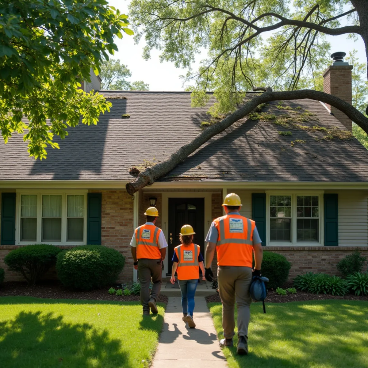 Homeowners safely evacuating residential home in Kansas City after tree impact on roof