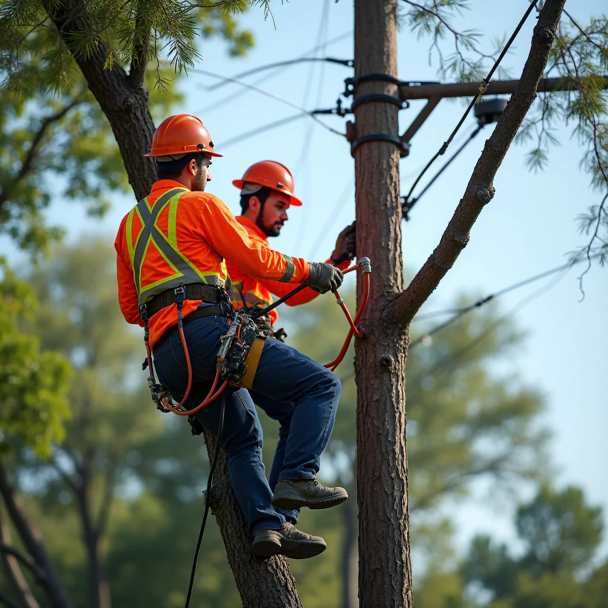 Utility power line clearance check around fallen tree limbs in Kansas City