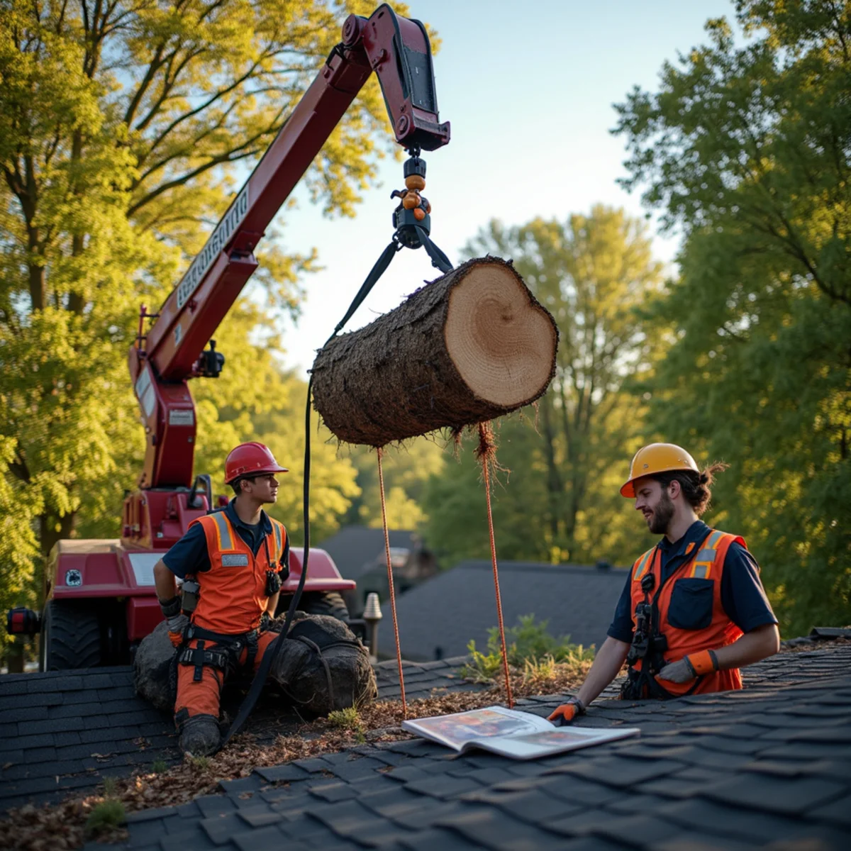 Mobile crane lifting heavy oak tree off residential roof with synthetic rigging
