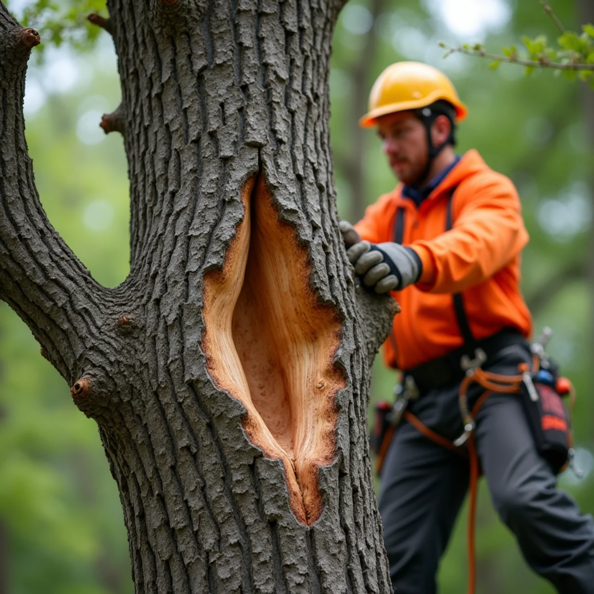 Silver maple narrow V-crotch trunk split with included bark hazard