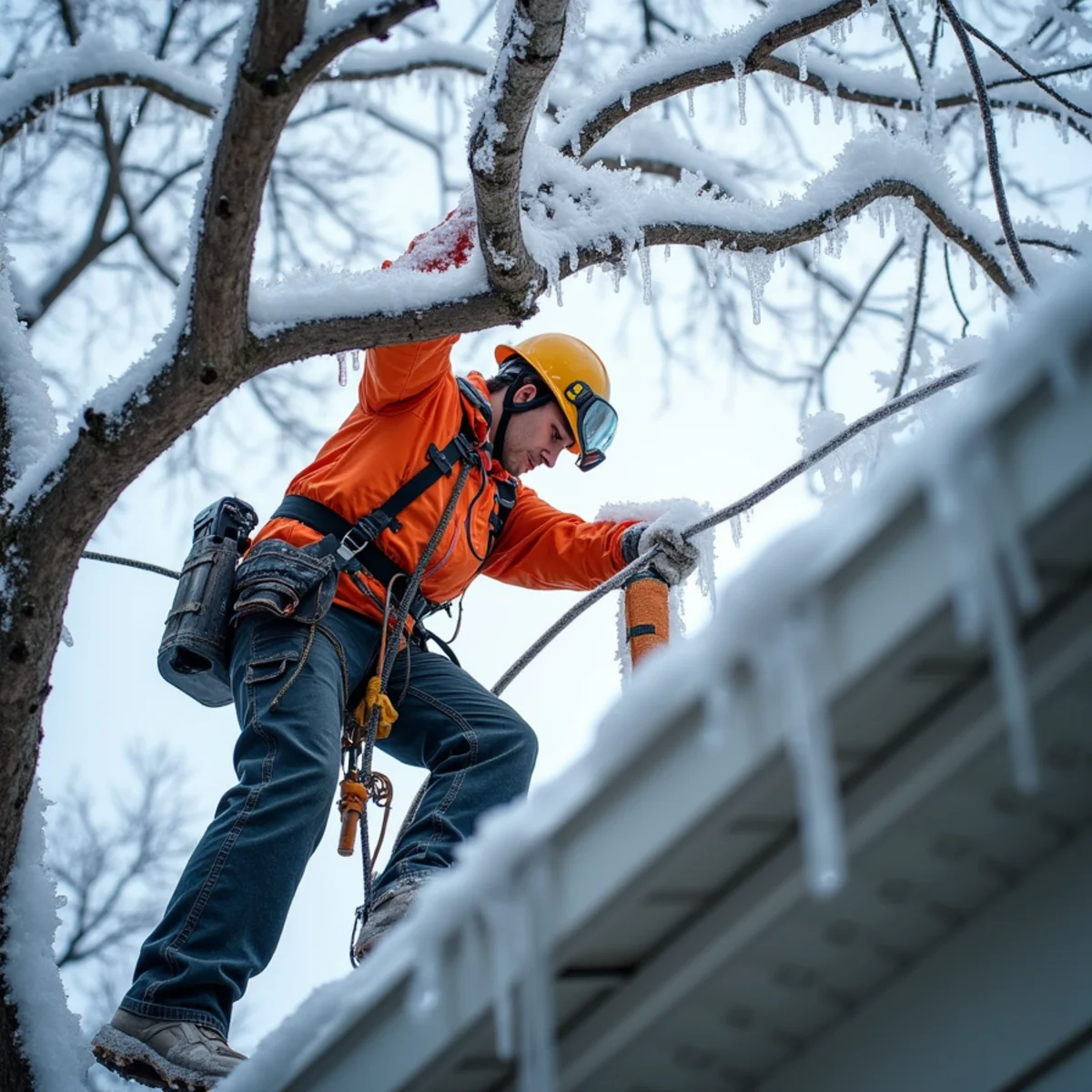 Thick ice glaze weighing down silver maple tree branches during winter storm