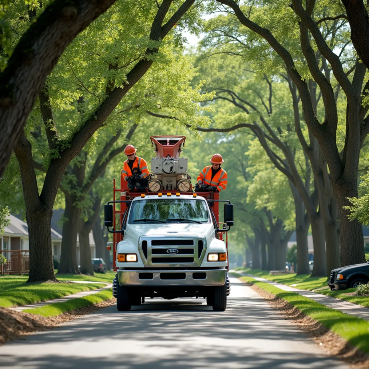 Abba's Arbor Care LLC tree service crew operating bucket truck and wood chipper in Kansas City MO